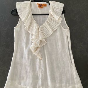 Tory Burch White Linen Ruffle Front V-Neck Top
